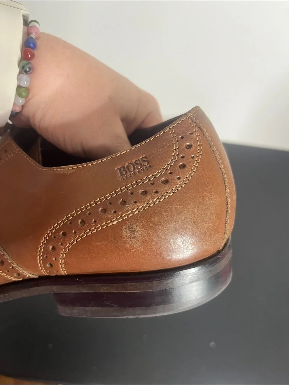Hugo Boss Tan Leather Wingtip Lace-Up Dress Shoes